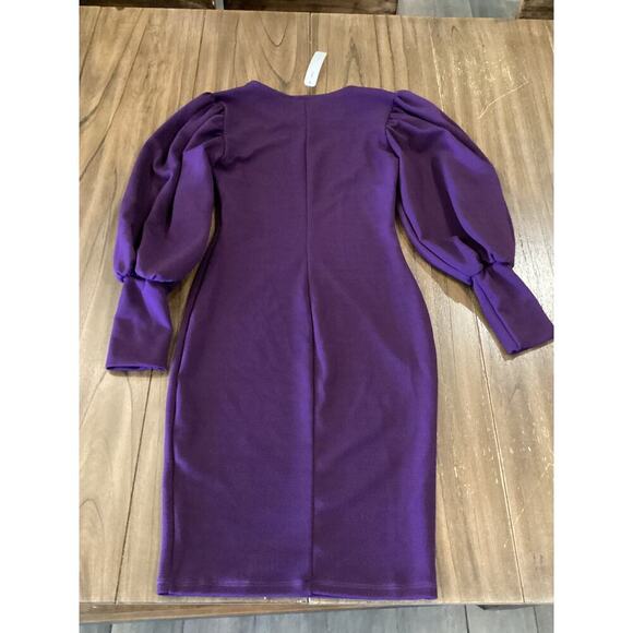 Karen T Design Balloon Long Sleeve Midi mini bodycon fitted Dress Purple S NWT - Picture 9 of 10